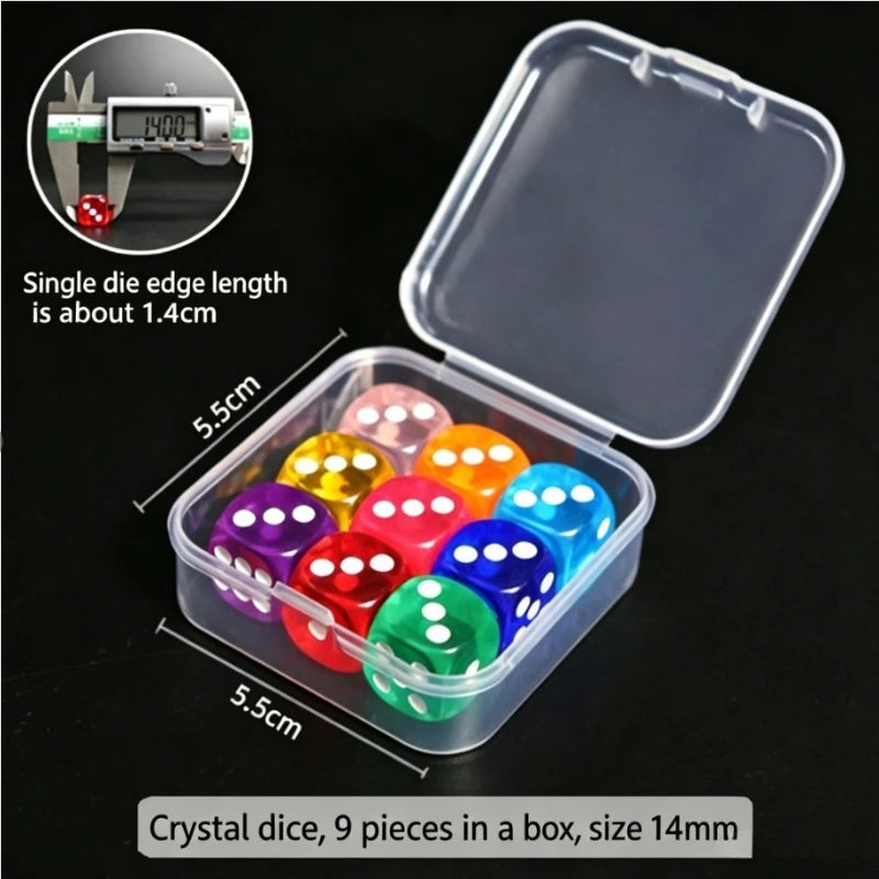 Boxed 9 pieces, 14mm in size, transparent boxed dice, throwing dice, sieve for dice