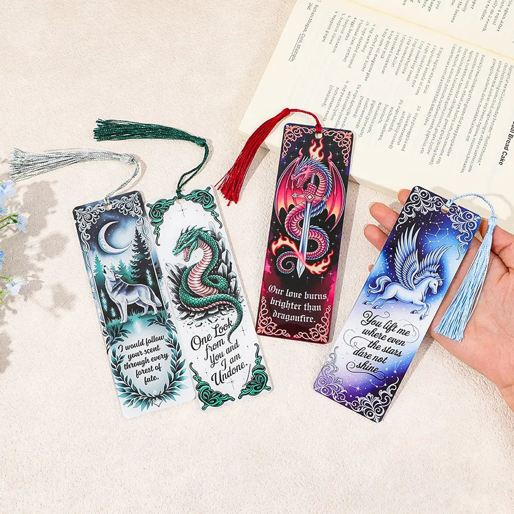 Fantasy Creatures Acrylic Bookmark Set (with Tassels) - Wolf/Dragon/Pegasus Theme Fantasy Enthusiasts, Book Fans, and Gift Givin