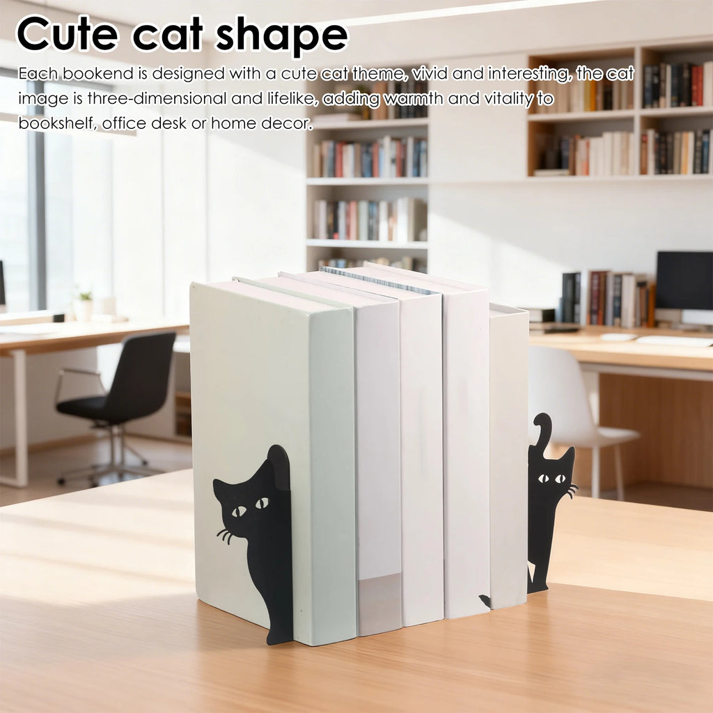 2pcs Black Cat Bookend Metal Creative Peeping Cat Design Bookends for Bookshelf Shelf, Home, Study Room, School Bookends