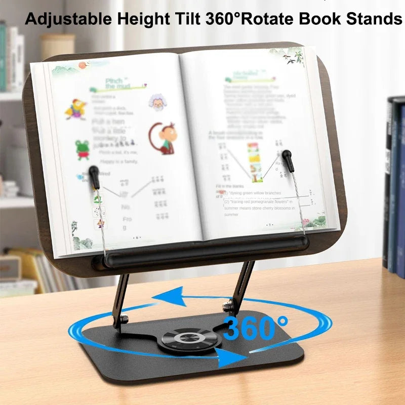 Adjustable Rotating Book Stand with Page Clips