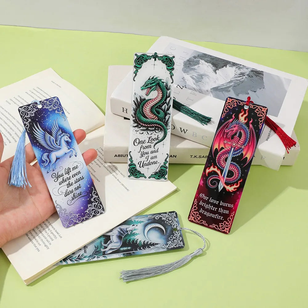 Fantasy Creatures Acrylic Bookmark Set (with Tassels) - Wolf/Dragon/Pegasus Theme Fantasy Enthusiasts, Book Fans, and Gift Givin