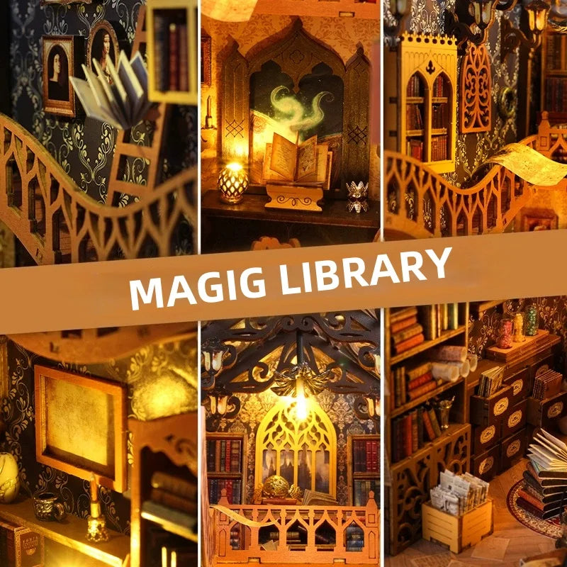 DIY Book Nook, Wooden Bookshelf Insert Decorative Bookend Model Kits Miniature Doll House With Teens Decorative Item Bookshelf