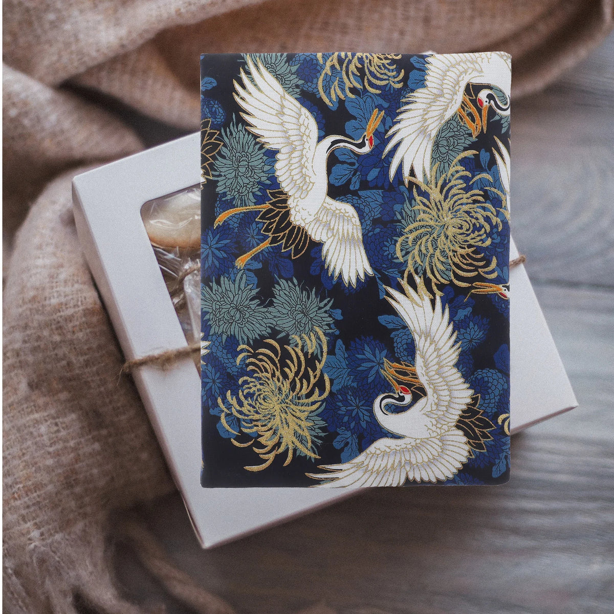 Adjustable A5 Fabric Book Cover - Crane & Floral Design
