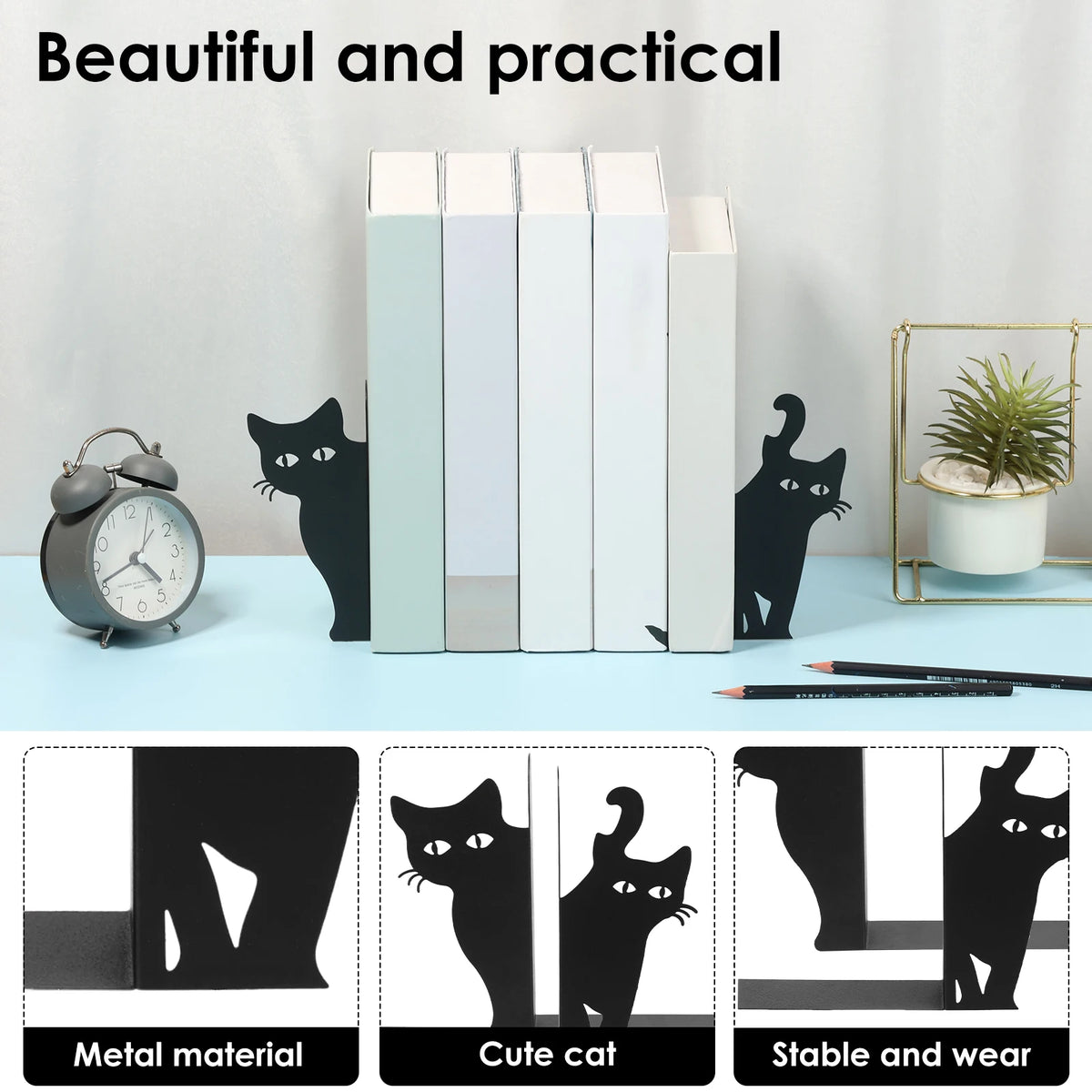 2pcs Black Cat Bookend Metal Creative Peeping Cat Design Bookends for Bookshelf Shelf, Home, Study Room, School Bookends
