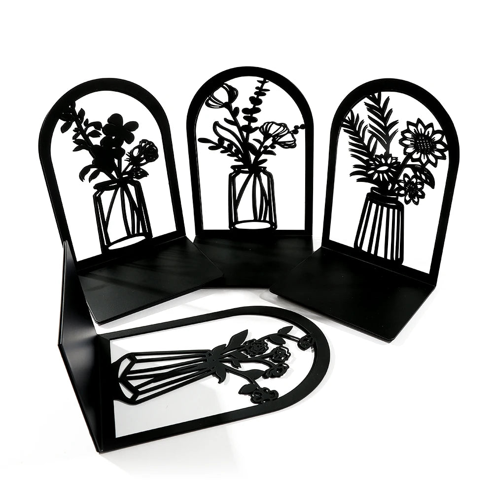2Pcs Beautiful Vase Book Ends Home Desk Stationery Bookends Office Supplies Book Rack Stand Iron for Book Lovers Woman Man