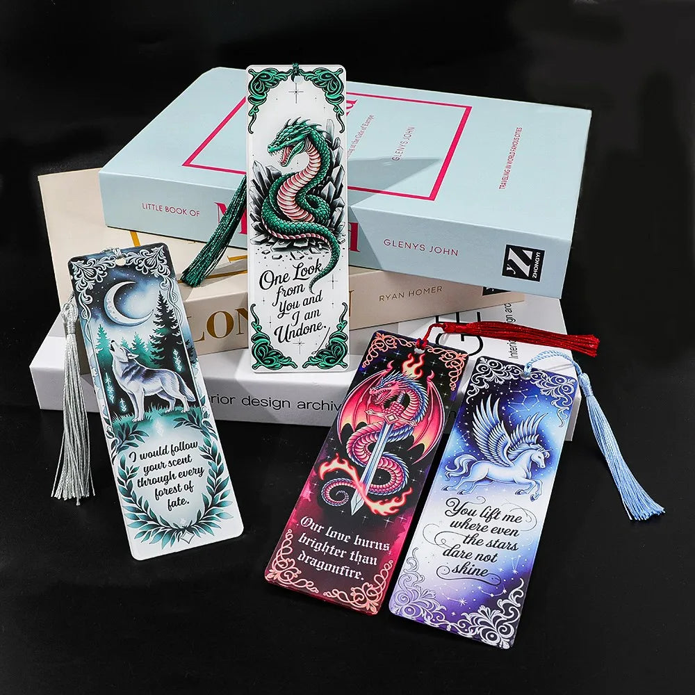 Fantasy Creatures Acrylic Bookmark Set (with Tassels) - Wolf/Dragon/Pegasus Theme Fantasy Enthusiasts, Book Fans, and Gift Givin