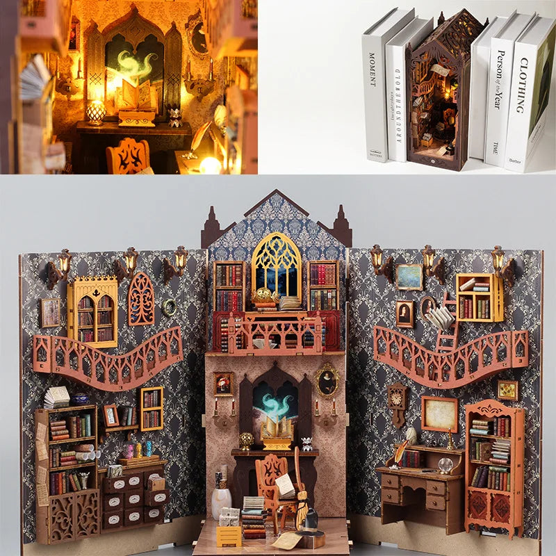DIY Book Nook, Wooden Bookshelf Insert Decorative Bookend Model Kits Miniature Doll House With Teens Decorative Item Bookshelf