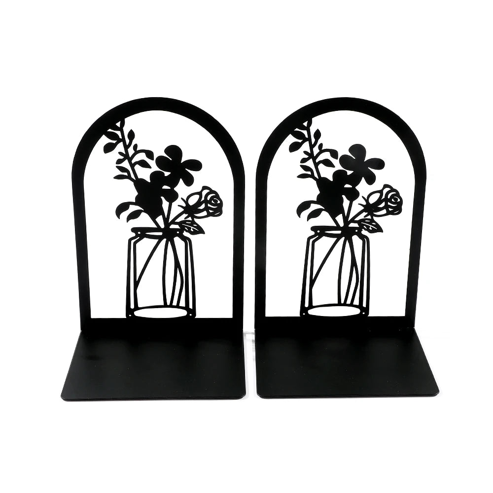 2Pcs Beautiful Vase Book Ends Home Desk Stationery Bookends Office Supplies Book Rack Stand Iron for Book Lovers Woman Man