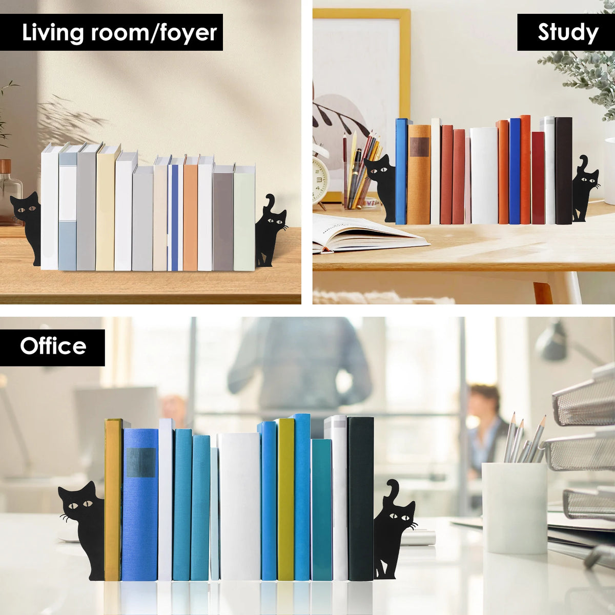2pcs Black Cat Bookend Metal Creative Peeping Cat Design Bookends for Bookshelf Shelf, Home, Study Room, School Bookends