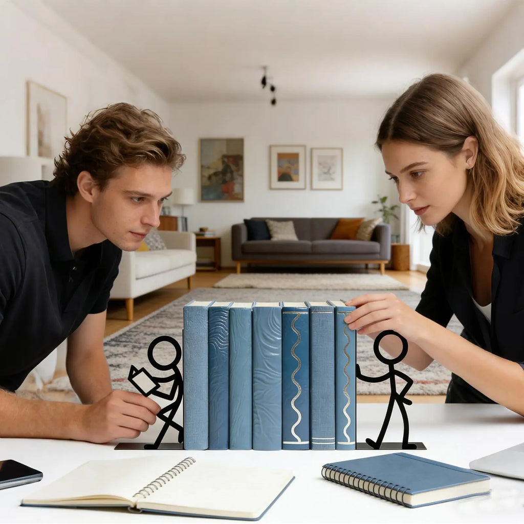 Bookends For Heavy Books Metal Abstract Art Non-Slip Heavy Duty Book Ends Shelf Funny Decor for Home Bedroom Living Room Dorm
