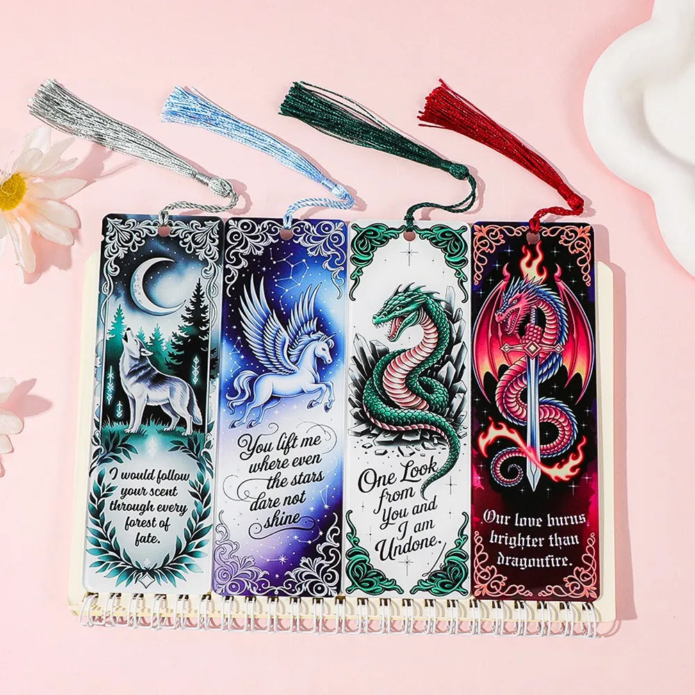 Fantasy Creatures Acrylic Bookmark Set (with Tassels) - Wolf/Dragon/Pegasus Theme Fantasy Enthusiasts, Book Fans, and Gift Givin