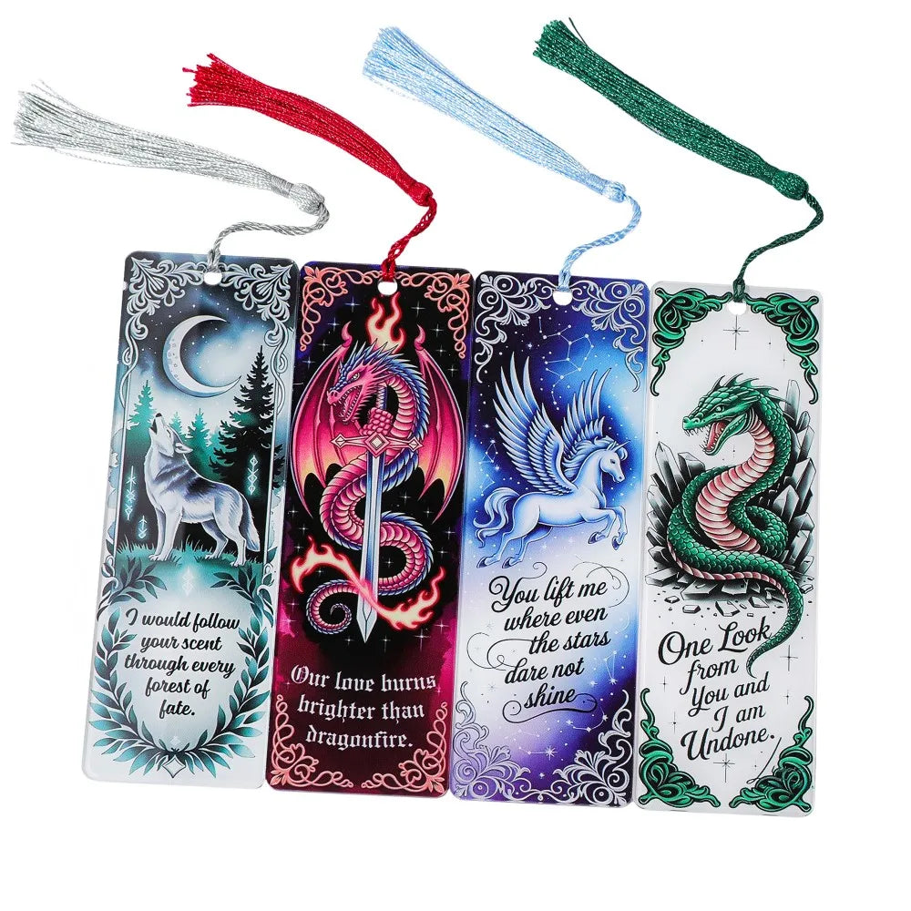 Fantasy Creatures Acrylic Bookmark Set (with Tassels) - Wolf/Dragon/Pegasus Theme Fantasy Enthusiasts, Book Fans, and Gift Givin