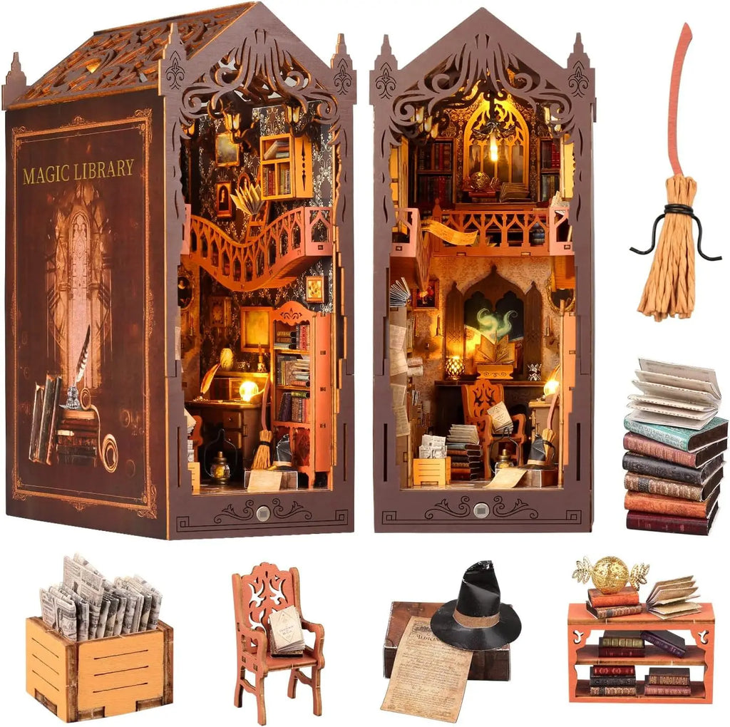 DIY Book Nook, Wooden Bookshelf Insert Decorative Bookend Model Kits Miniature Doll House With Teens Decorative Item Bookshelf