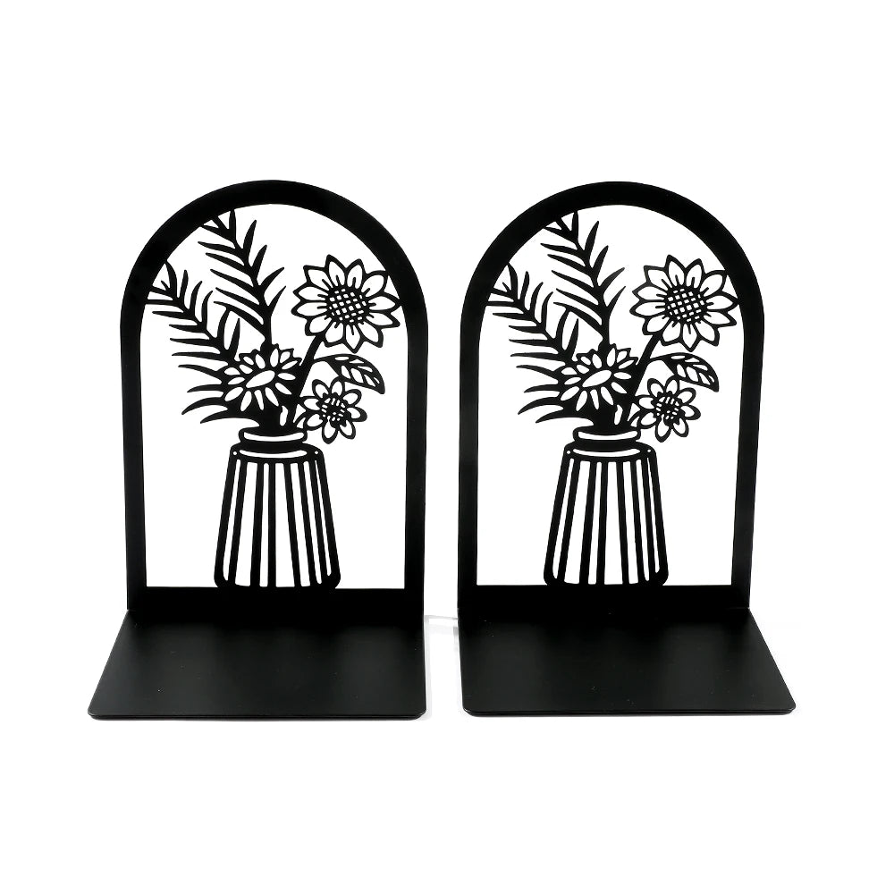 2Pcs Beautiful Vase Book Ends Home Desk Stationery Bookends Office Supplies Book Rack Stand Iron for Book Lovers Woman Man