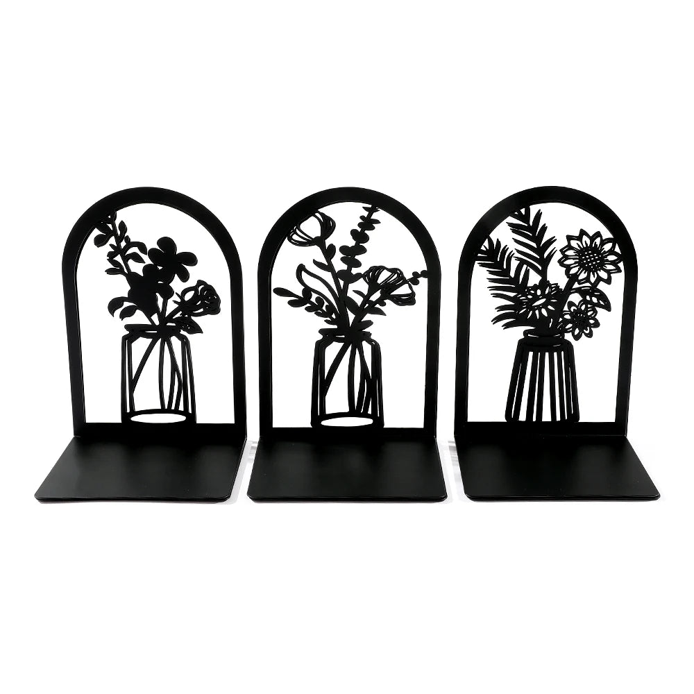 2Pcs Beautiful Vase Book Ends Home Desk Stationery Bookends Office Supplies Book Rack Stand Iron for Book Lovers Woman Man