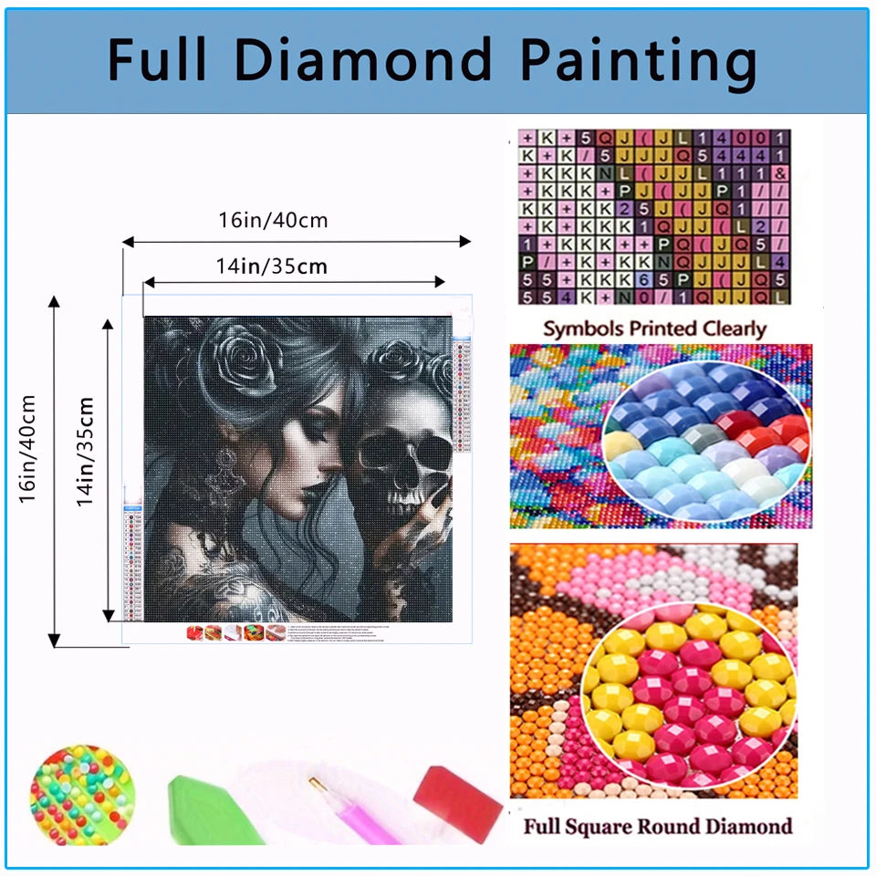 Gothic Portrait Diamond Painting Kit – Black Roses & Skull