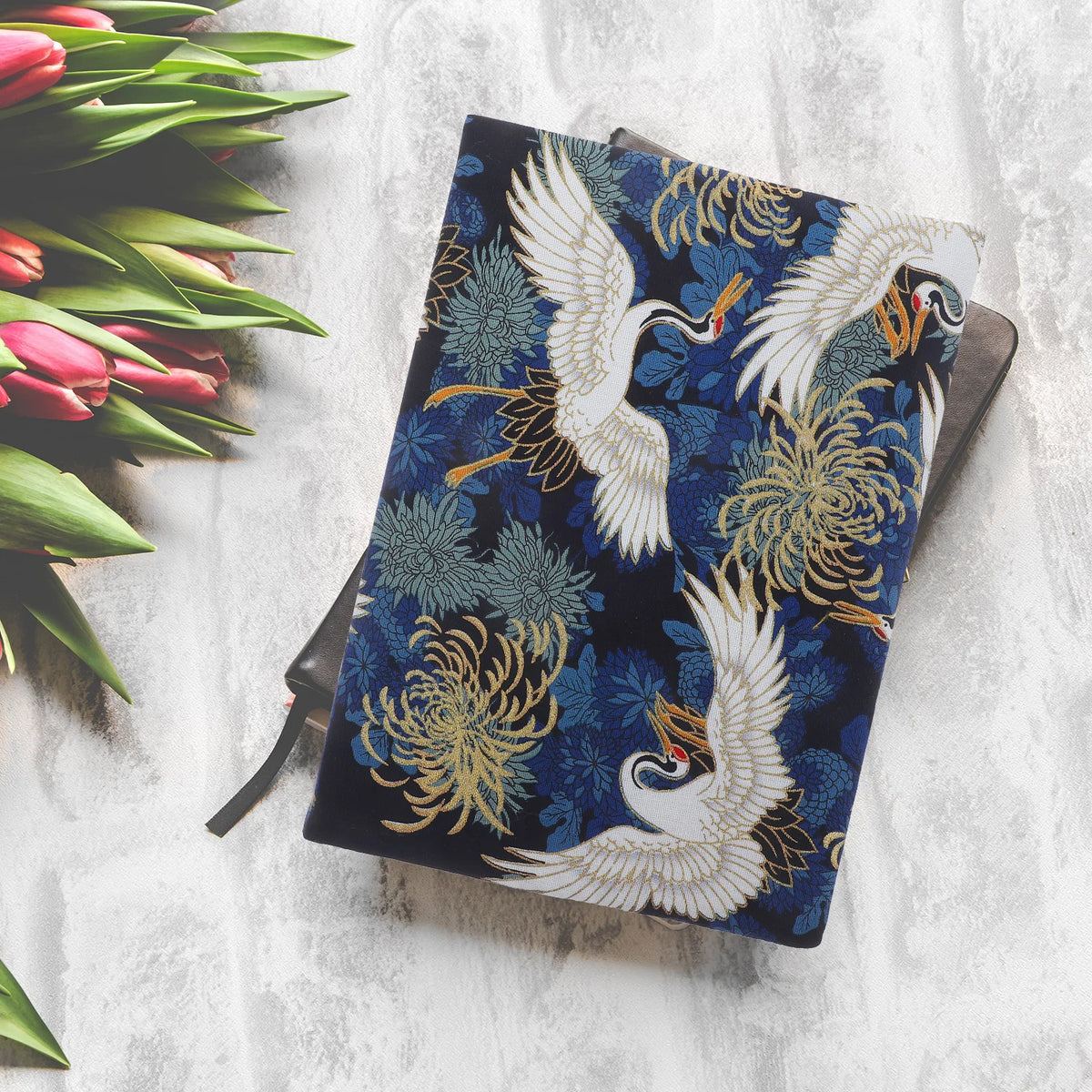Adjustable A5 Fabric Book Cover - Crane & Floral Design