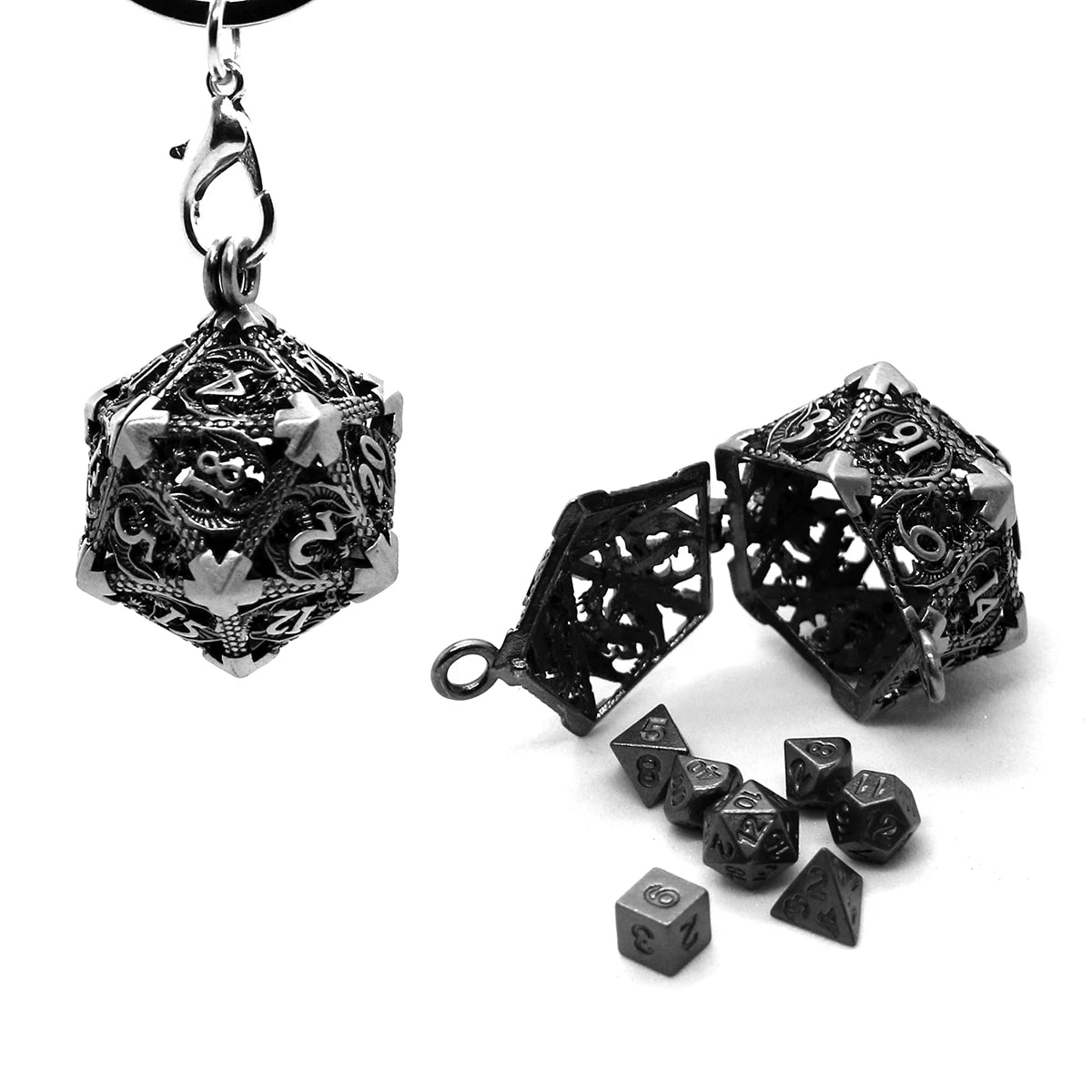 Hollow Metal D20 Case and Dice Set