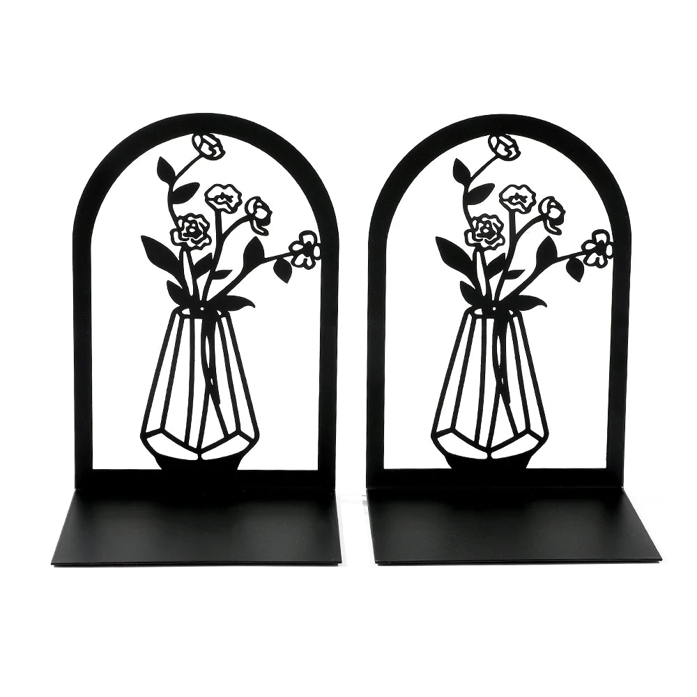 2Pcs Beautiful Vase Book Ends Home Desk Stationery Bookends Office Supplies Book Rack Stand Iron for Book Lovers Woman Man