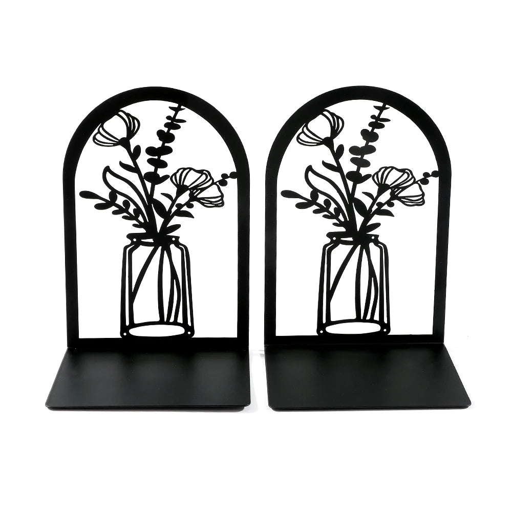 2Pcs Beautiful Vase Book Ends Home Desk Stationery Bookends Office Supplies Book Rack Stand Iron for Book Lovers Woman Man