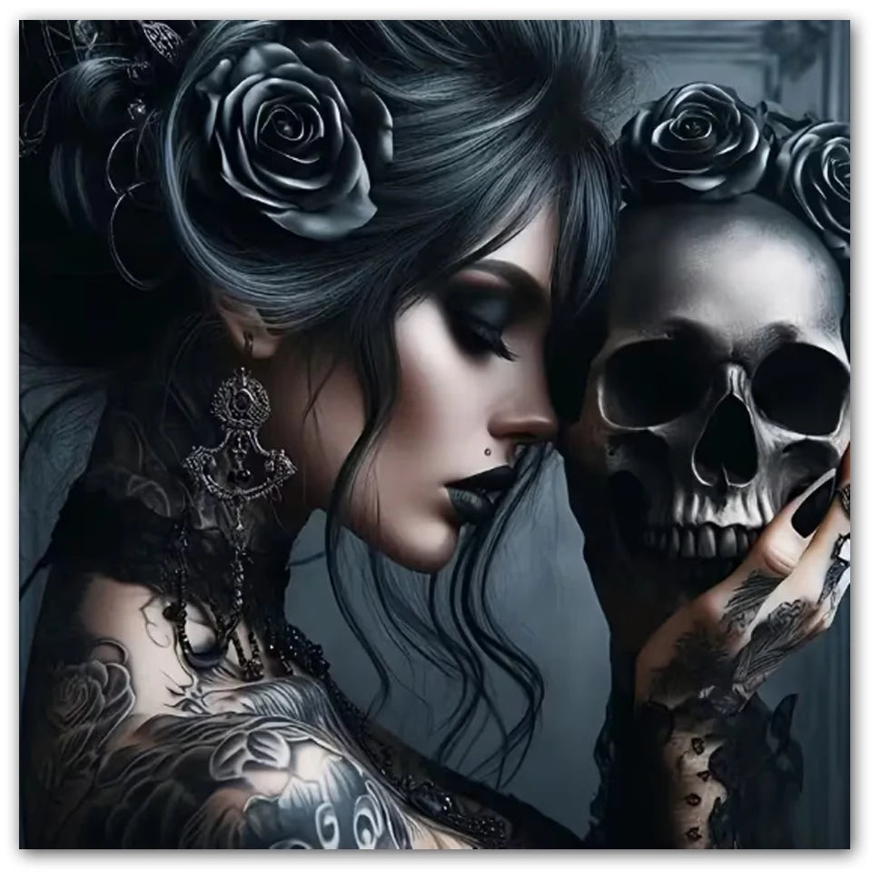 Gothic Portrait Diamond Painting Kit – Black Roses & Skull