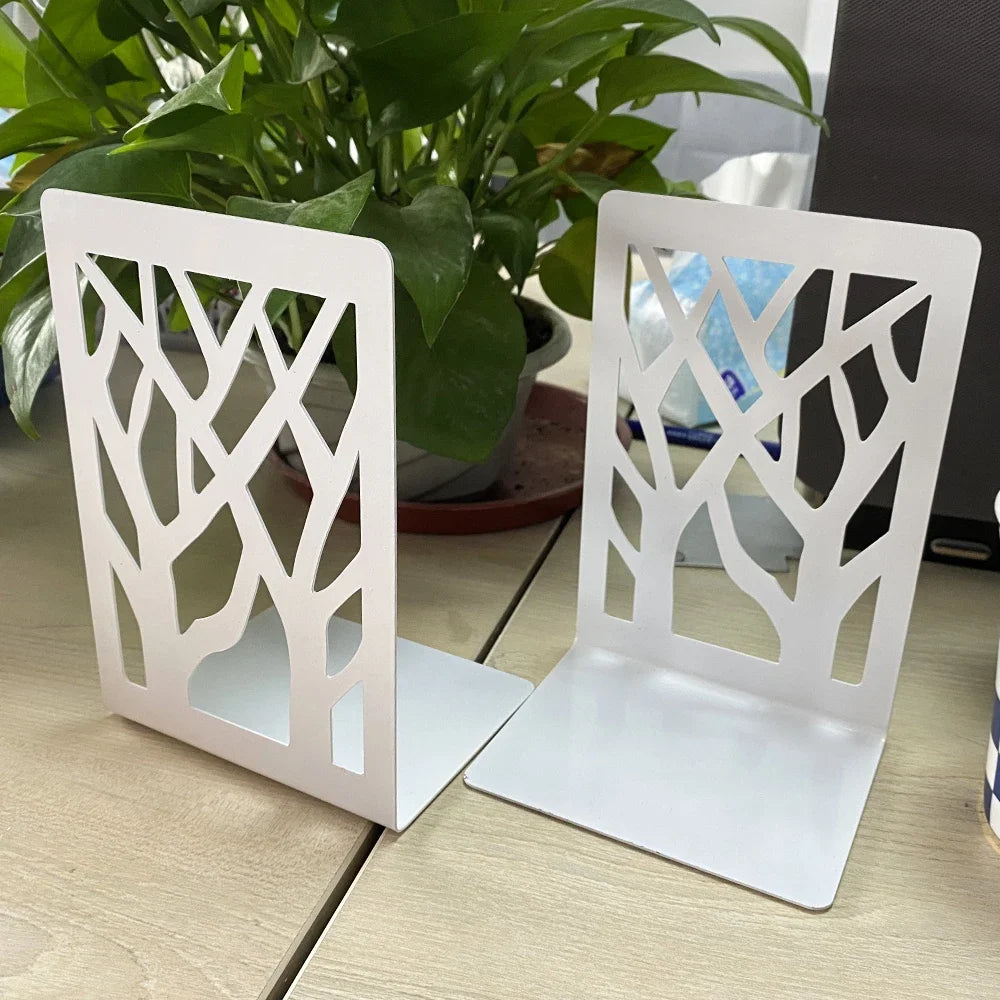 2PCS Hollow Tree Shadow Bookends Simple Hollow Book Support Office Table Desk Decoration Book Holder Retractable White & Black