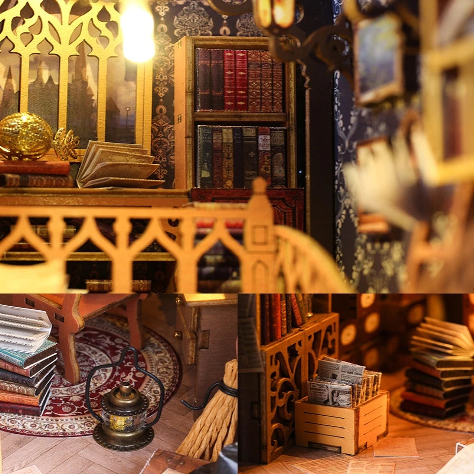 DIY Book Nook, Wooden Bookshelf Insert Decorative Bookend Model Kits Miniature Doll House With Teens Decorative Item Bookshelf