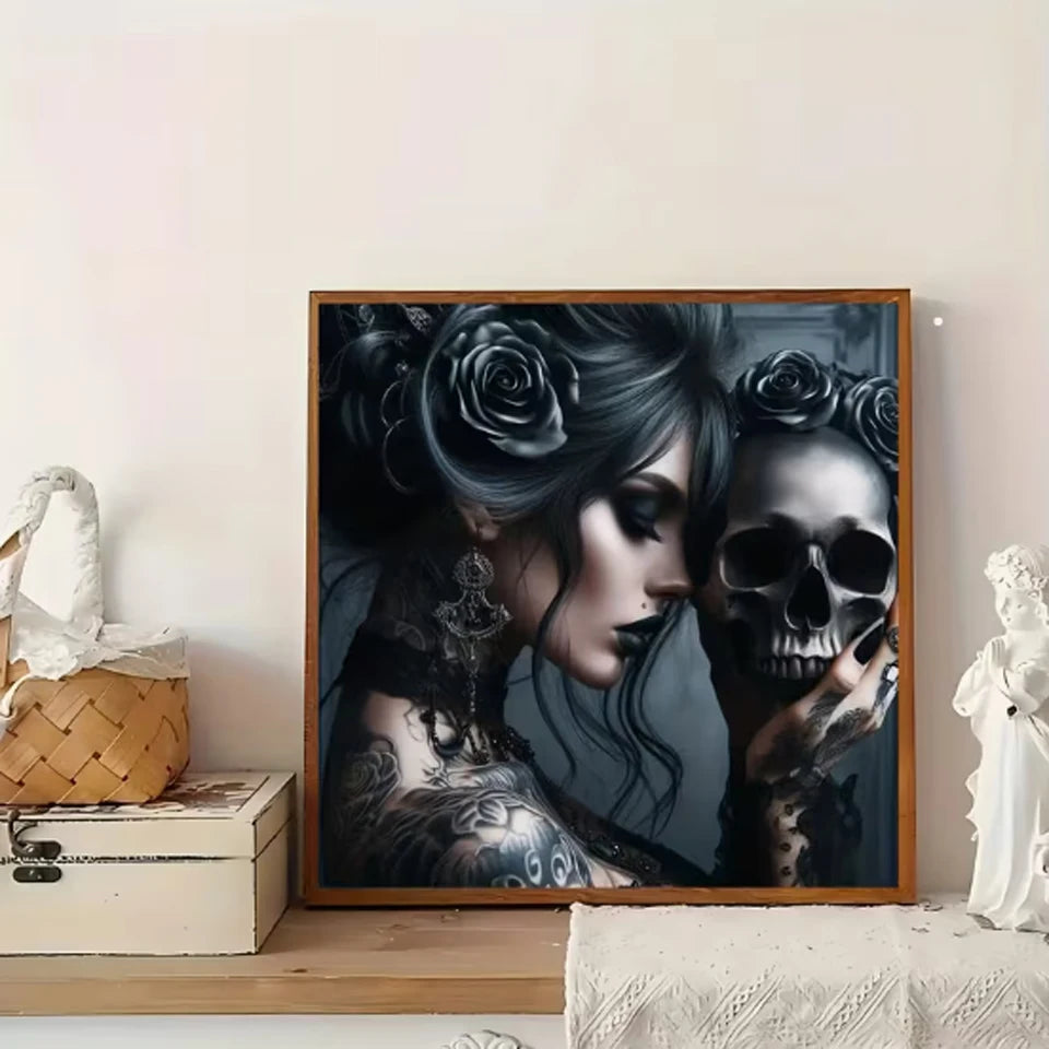Gothic Portrait Diamond Painting Kit – Black Roses & Skull