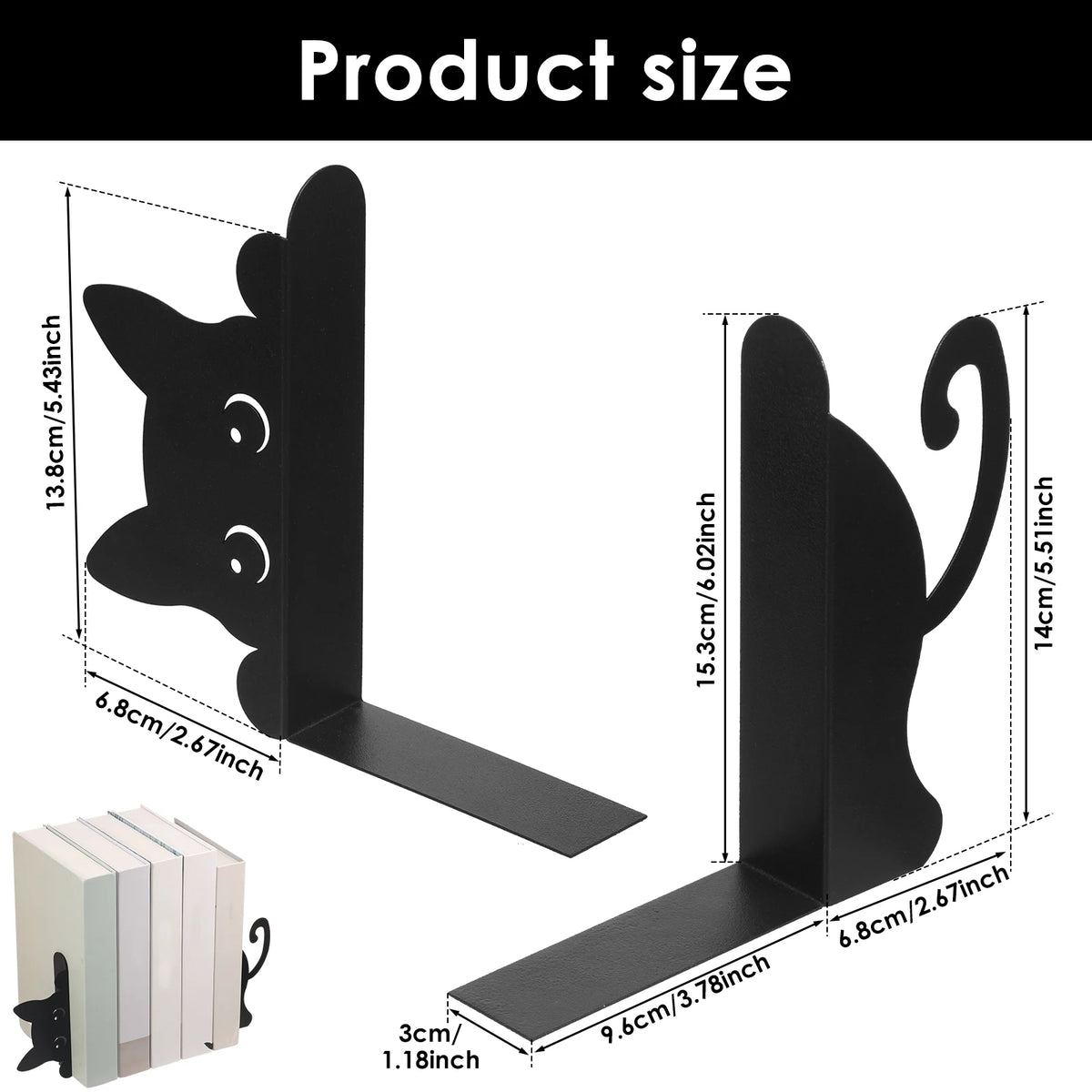 2pcs Black Cat Bookend Metal Creative Peeping Cat Design Bookends for Bookshelf Shelf, Home, Study Room, School Bookends